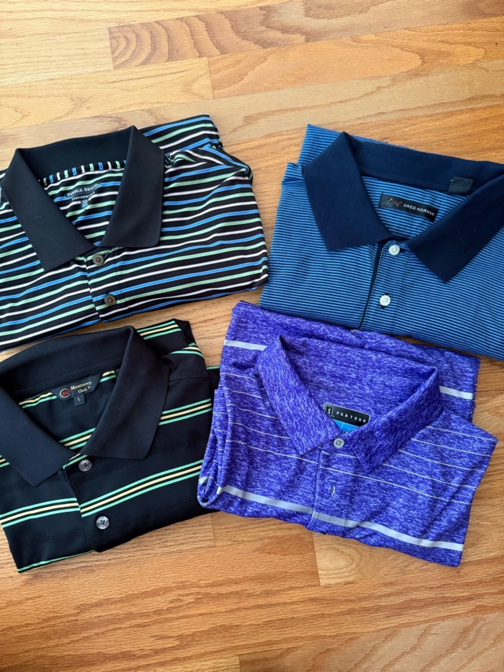 Lot of 4 Men's golf Shirts - PGA tour, Greg Norman, pebble beach, Monterey club